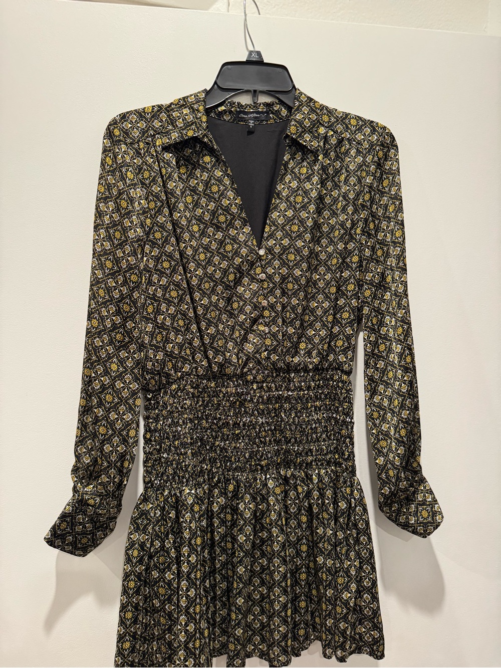 Black and Yellow Geometric Smocked-Waist Mini Dress